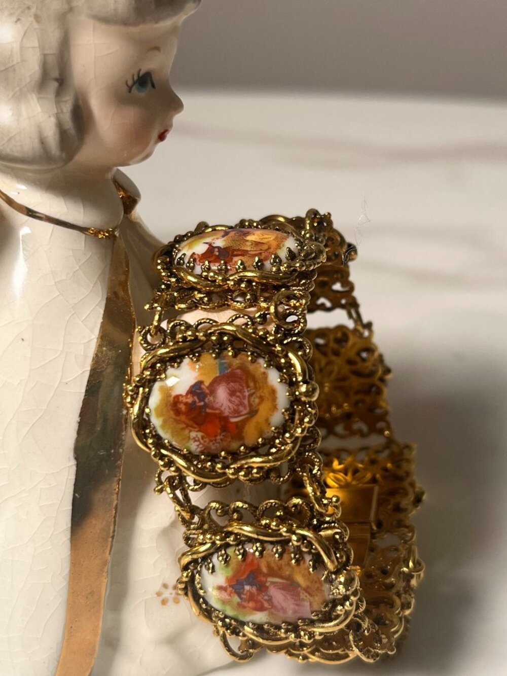 Vintage Porcelain Courting Couple Filigree Bracelet Gold Tone Mid Century